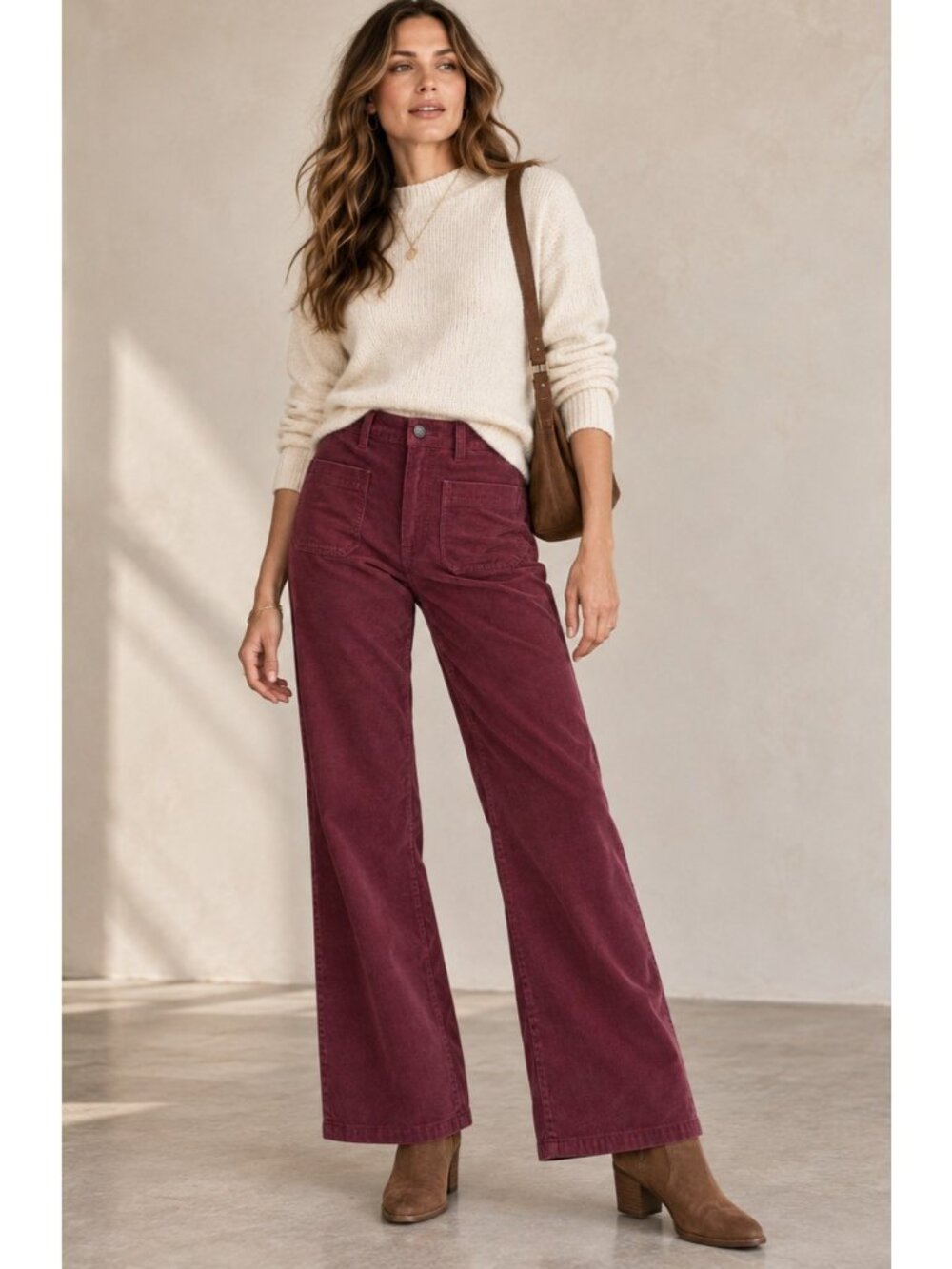 Faherty Womens 26 Burgundy Corduroy Wide Leg Pants High Rise Patch Pocket